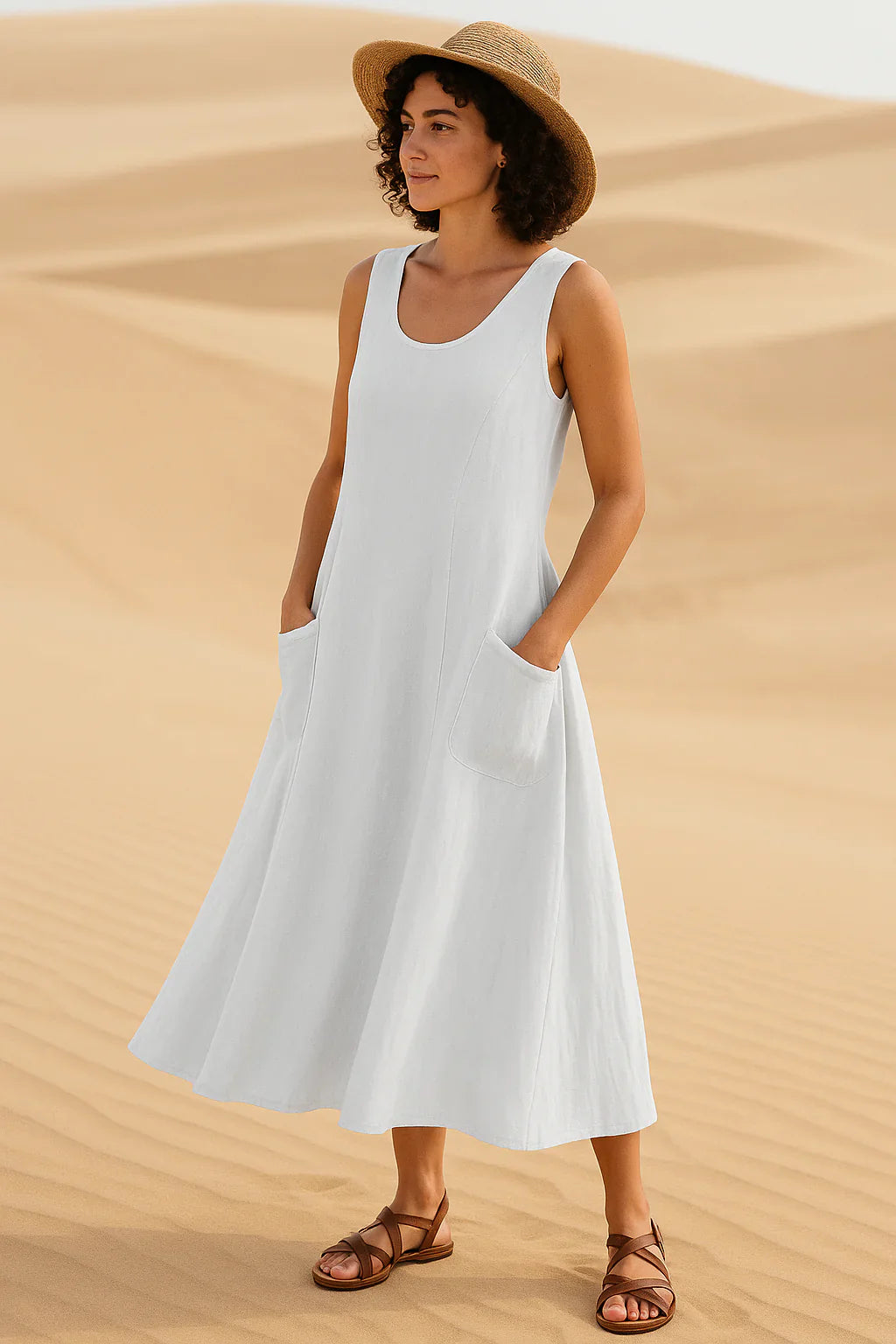 Vestido Isadora  Midi sem Mangas e Bolsos Frontais
