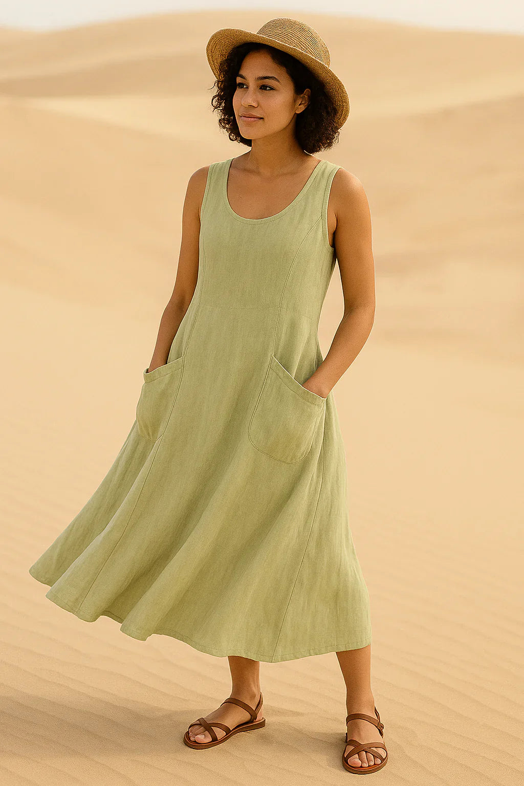 Vestido Isadora  Midi sem Mangas e Bolsos Frontais