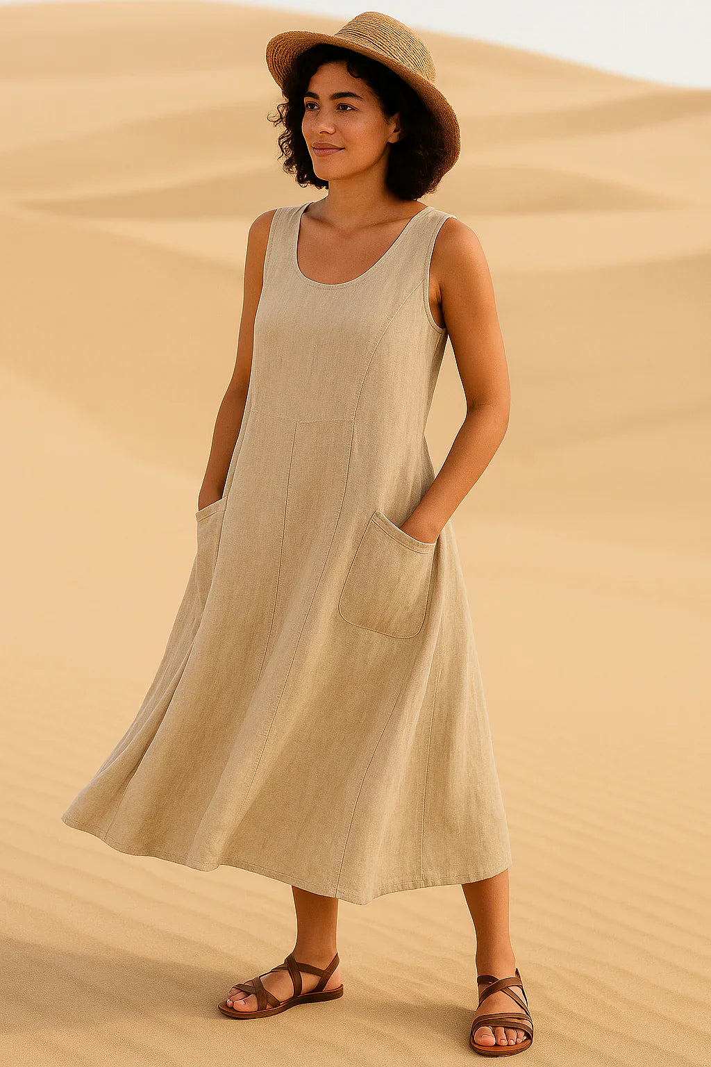 Vestido Isadora  Midi sem Mangas e Bolsos Frontais